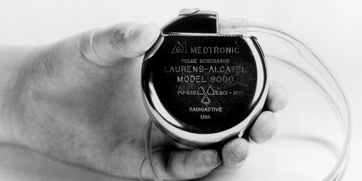 A radioisotope thermoelectric generator (RTG) pacemaker
