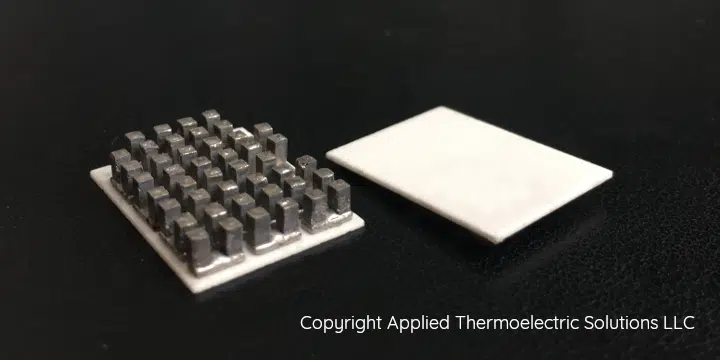 A thermoelectric cooler (Peltier module) that has been disassembled with heat