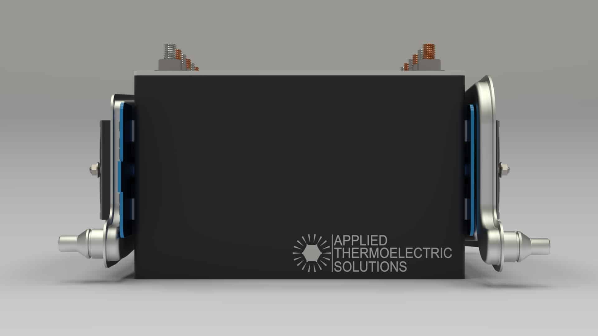 A side view of a VoltaTherm® battery thermal management system for a lithium-ion battery module and pack. The image shows a solid-state battery thermal management system (BTMS / BTM) fitted to a ParaThermic® battery module / pack.