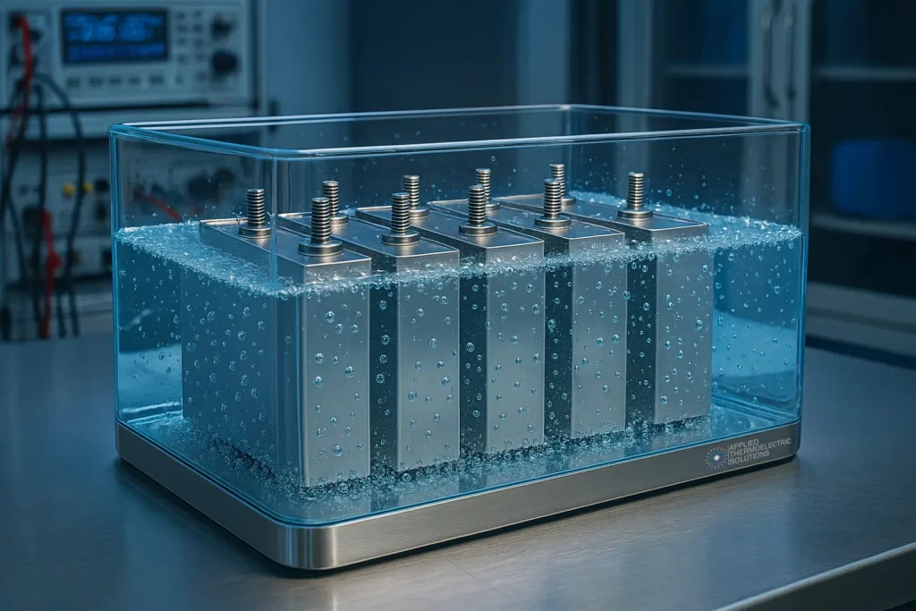 Battery pack submerged in dielectric fluid showing immersion cooling for thermal management