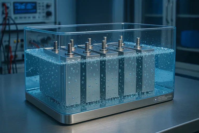 Battery pack submerged in dielectric fluid showing immersion cooling for thermal management