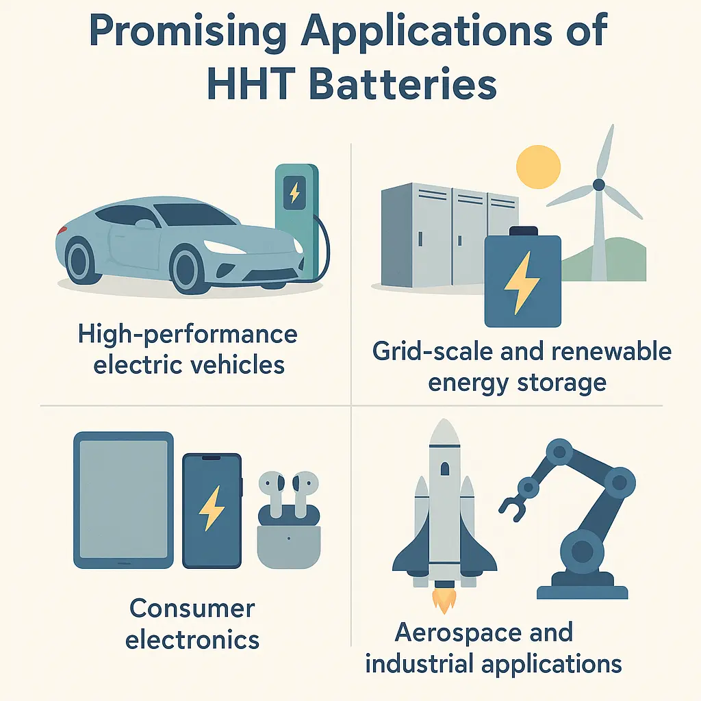 Infographic showing the most promising applications of High-Heat-Transfer (HHT) batteries for improved battery thermal management, including high-performance electric vehicles, grid-scale and renewable energy storage, consumer electronics, and aerospace and industrial systems.