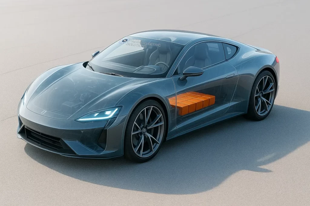 Futuristic electric sports car with a transparent body showing the internal battery pack placement for thermal management illustration.