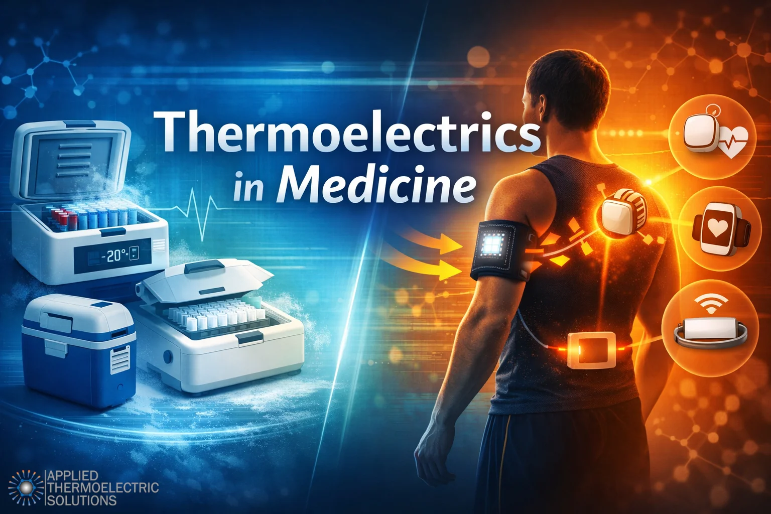 Thermoelectrics in medicine illustration showing medical cooling, PCR temperature control, and wearable body-heat energy harvesting devices.
