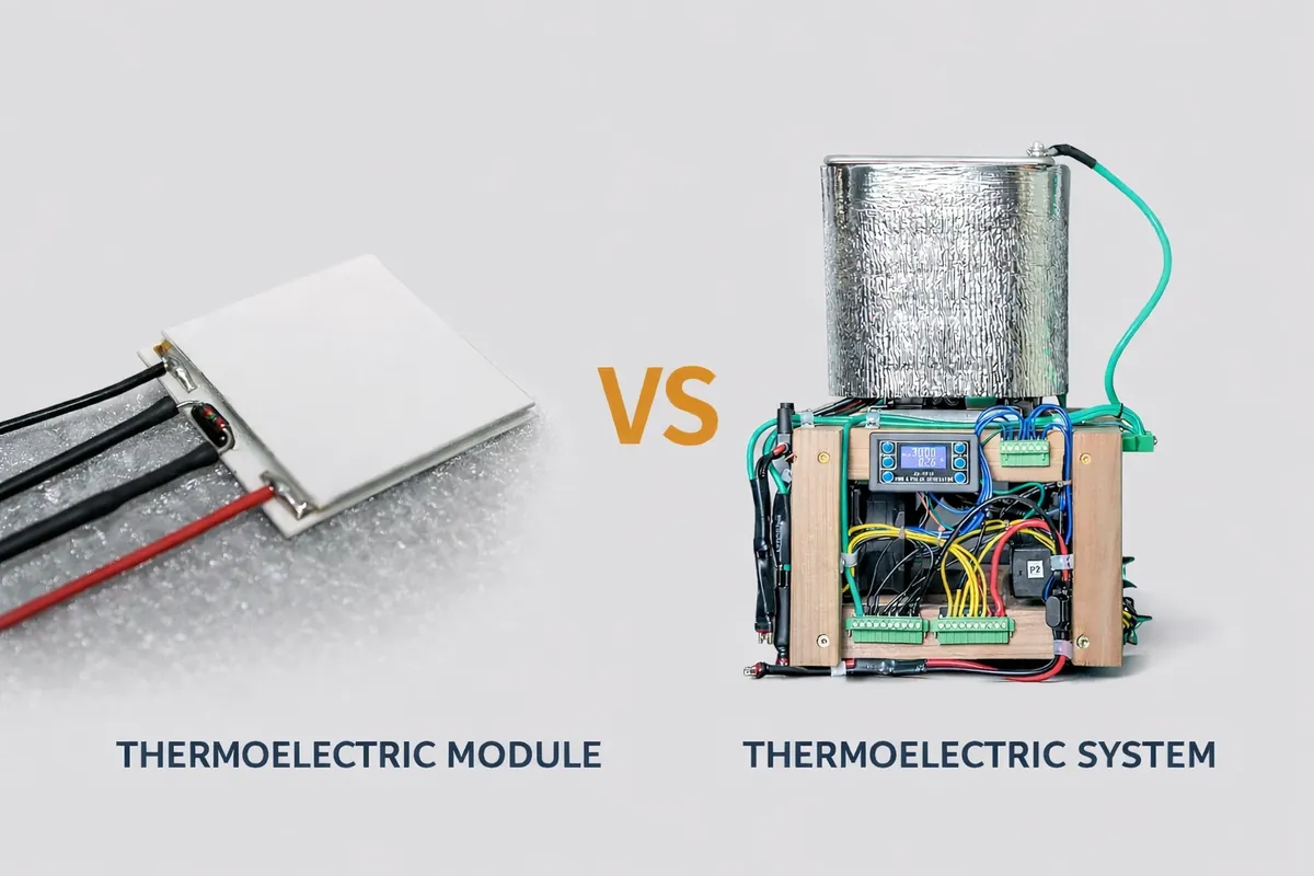 Comparison between a thermoelectric cooling system module and a fully integrated solid state cooling system with heat exchangers, controls, and power electronics.