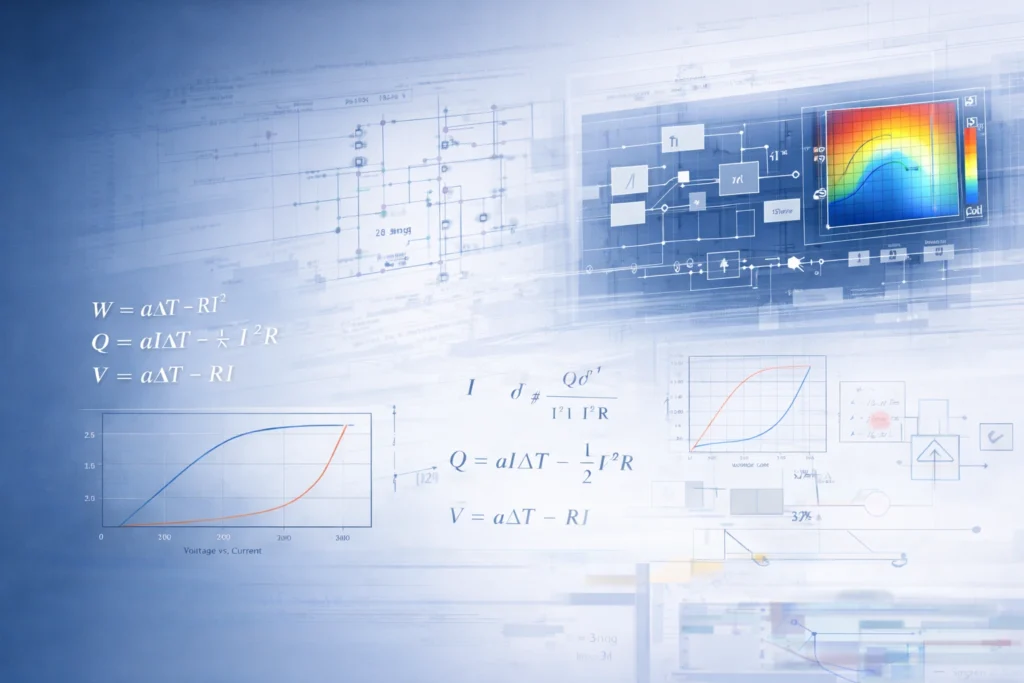 Thermoelectric modeling and simulation background for thermoelectric generator design with equations, system diagrams, and performance graphs