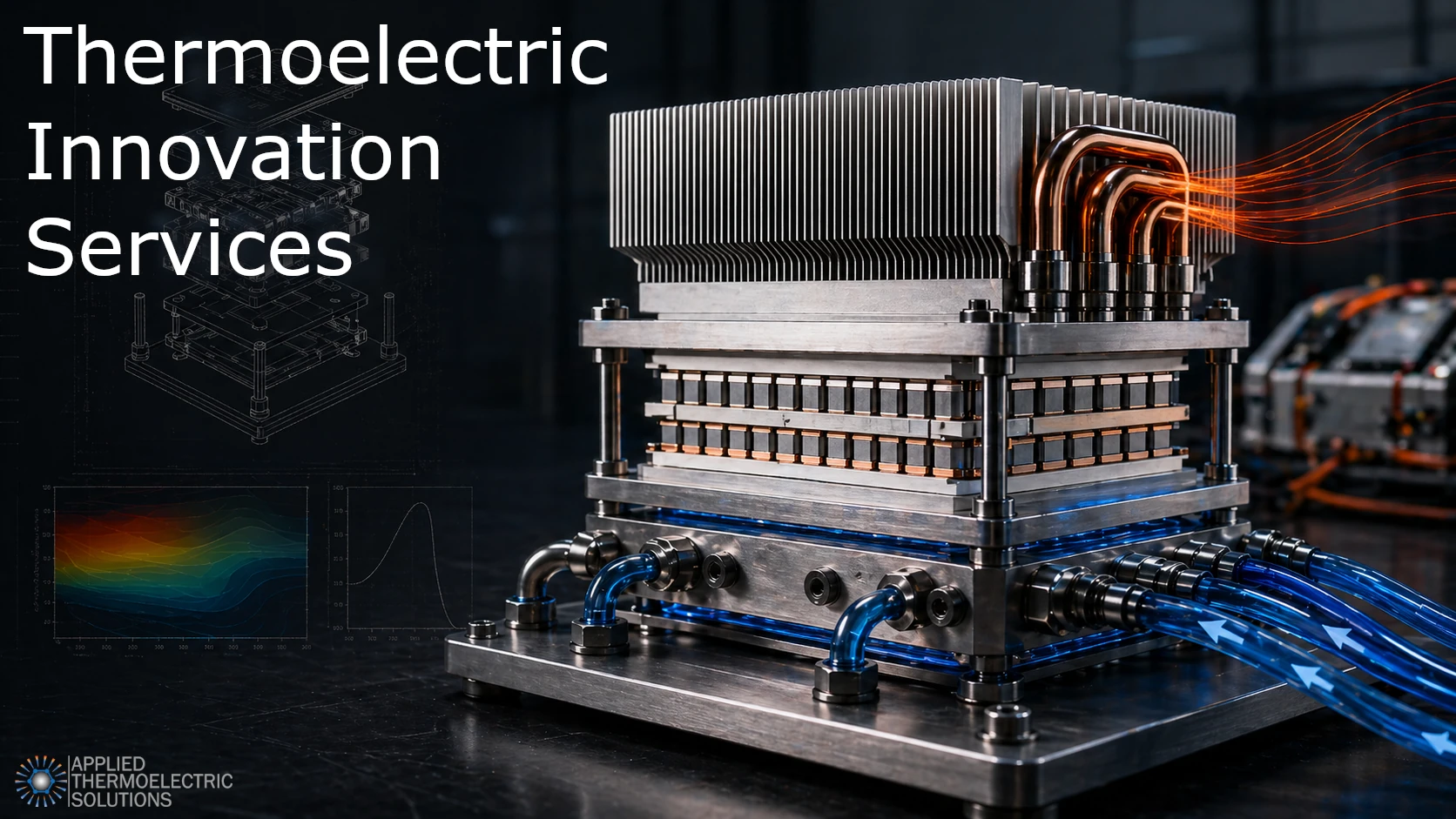 Thermoelectric innovation services concept showing an advanced thermoelectric cooling system with heat sinks, liquid cooling lines, thermal flow paths, and engineering analysis graphics.