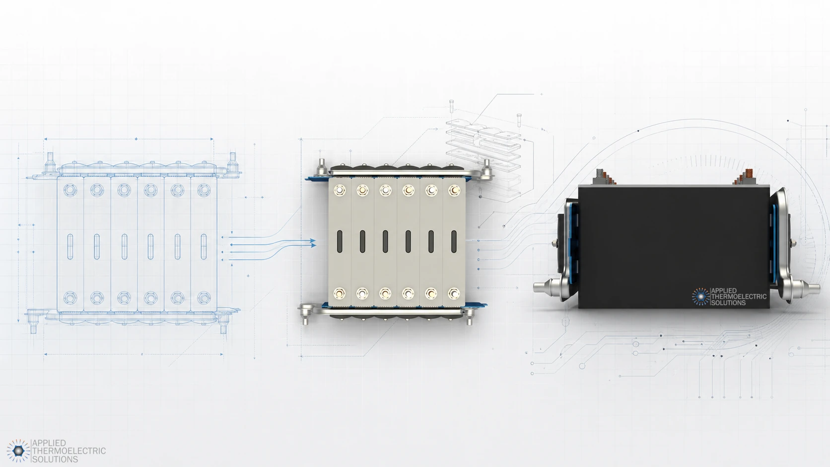 Staged thermoelectric battery thermal management concept progressing from blueprint design to engineered prototype and finished innovation platform.