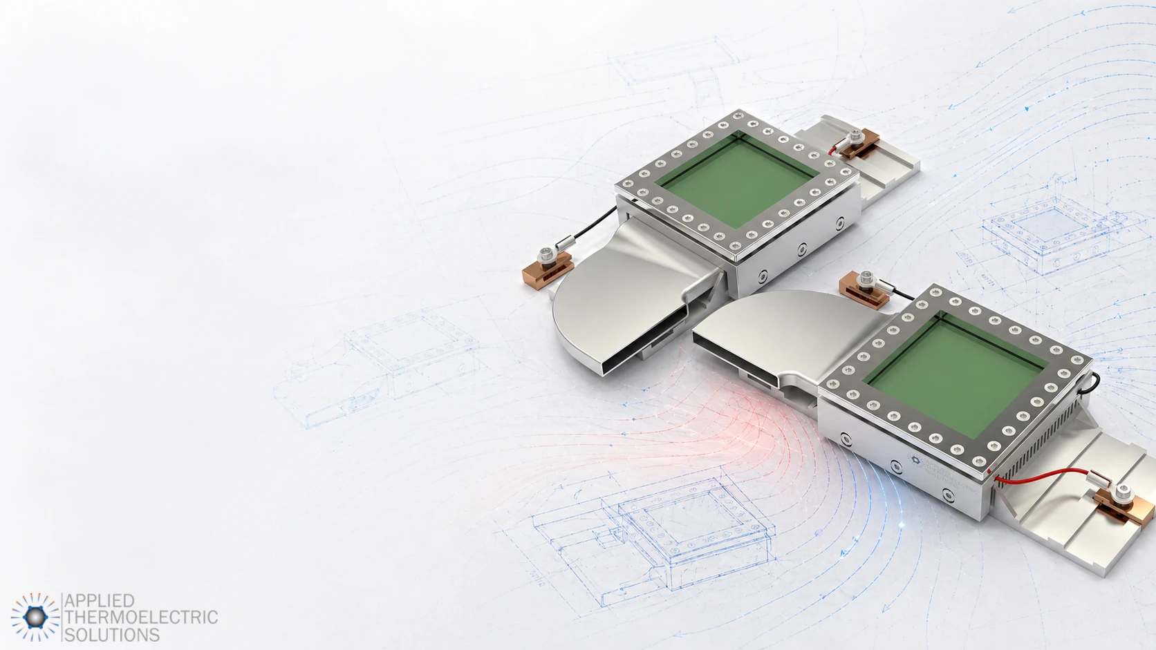 Thermoelectric system concept with engineering sketches and thermal flow lines, representing advanced design work when standard thermoelectric engineering is not enough.