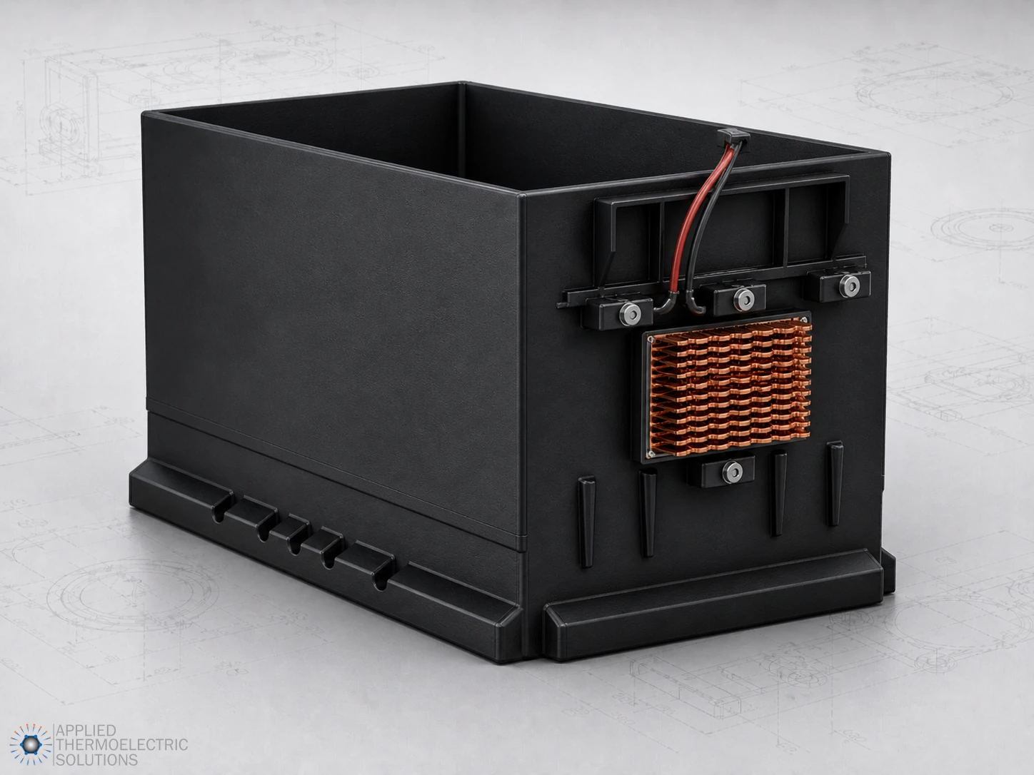 Battery thermal management case with copper heat exchanger, red and black wires, and integrated solid-state cooling hardware