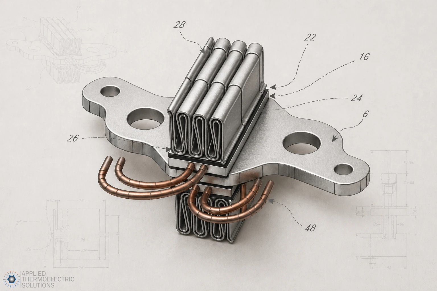Bus-bar-mounted thermoelectric cooling detail showing a TEC heat exchanger assembly used for solid-state battery thermal management