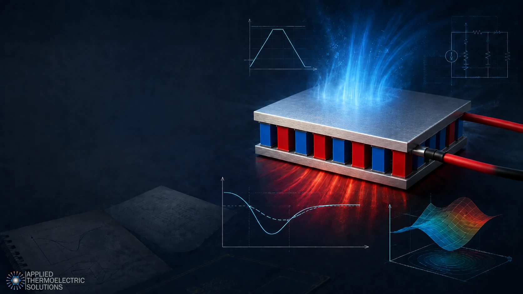 Foundational transient thermoelectric supercooling research with a Peltier module, pulse waveform, SPICE circuit, and response-surface plots.