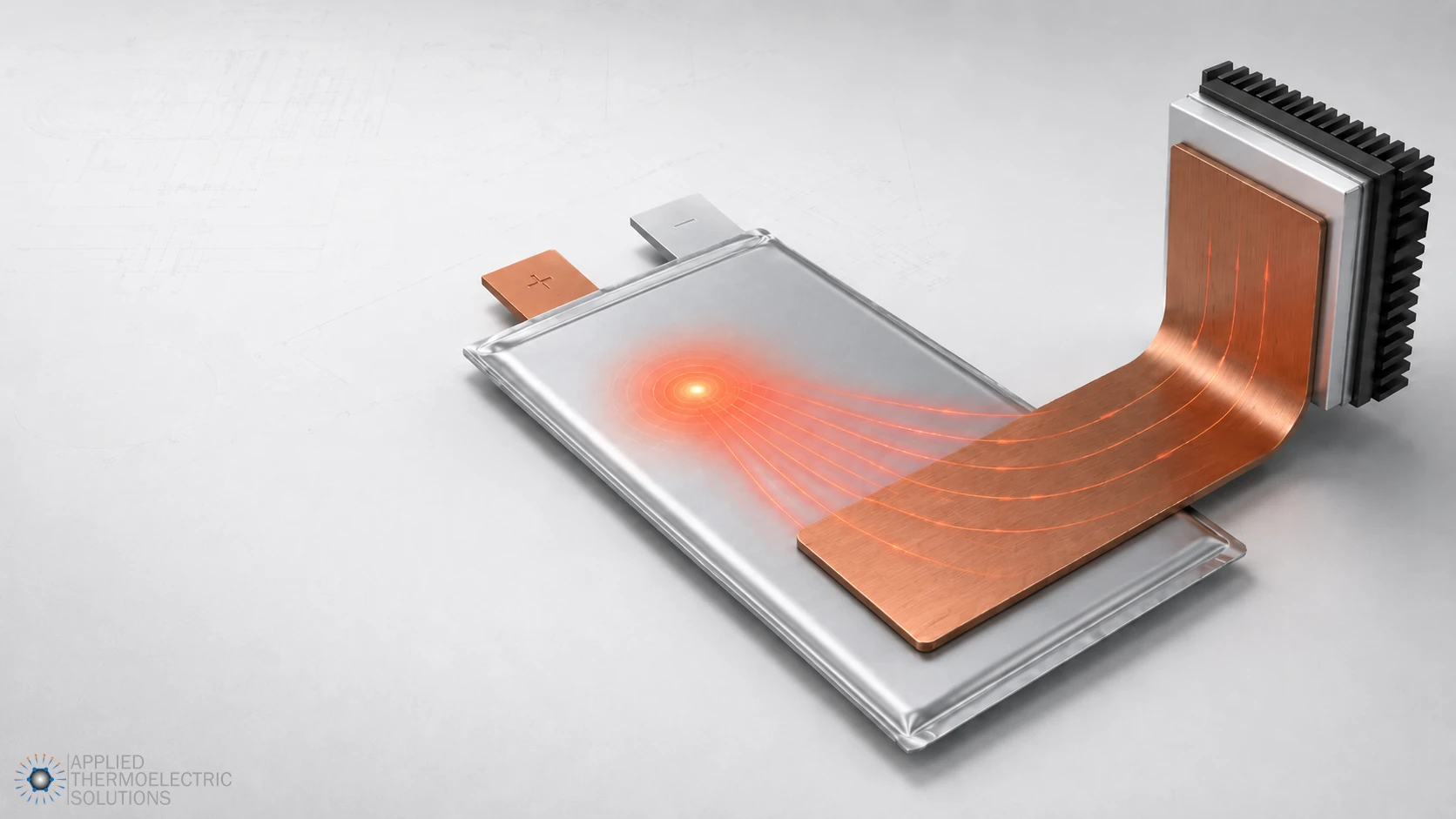 Thermoelectric battery cooling system with a copper heat spreader transferring heat from a pouch cell to a thermoelectric module and heat sink.
