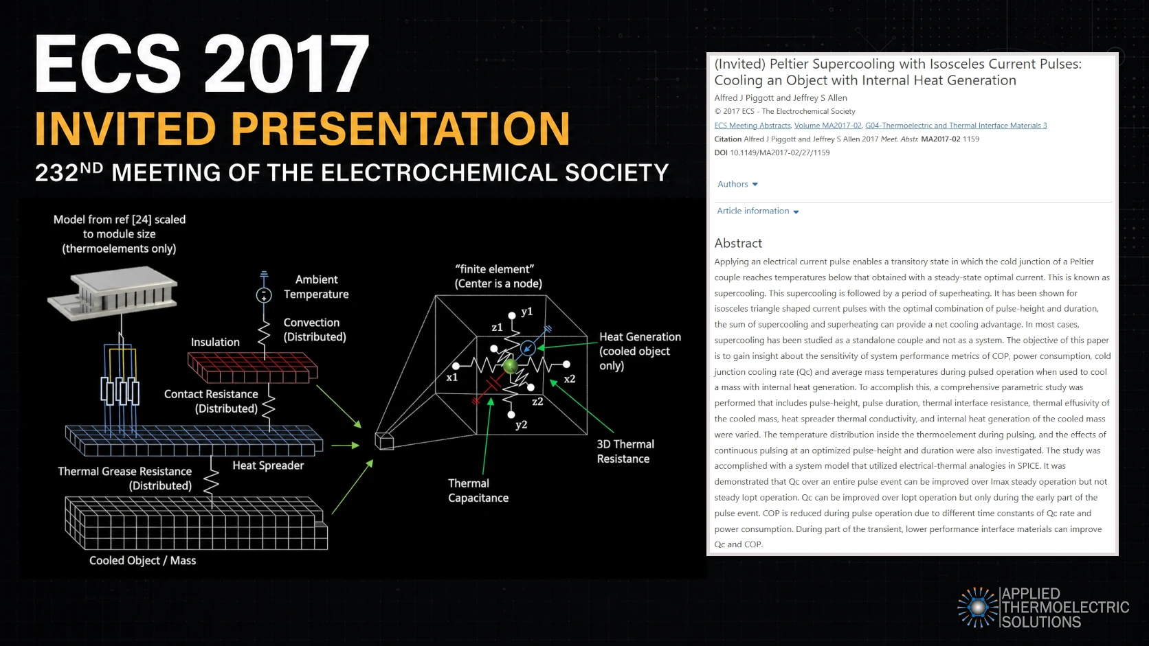 ECS 2017 invited presentation graphic for Applied Thermoelectric Solutions at the 232nd Meeting of The Electrochemical Society