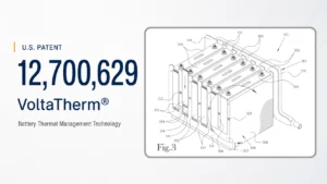 U.S. Patent 12,700,629 drawing illustrating battery thermal management with thermoelectric devices associated with individual batteries.